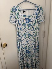 Talbots Fit And Flare White/ Lakeside Blue Midi Dress. Size 4