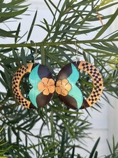 Hawaiian Jewelry Coconut Shell Hand Painted Rattan Plumeria Dangle Earrings