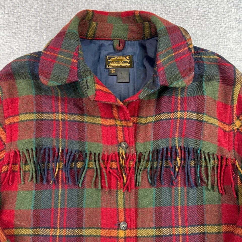 Vtg 90s Eddie Bauer Jacket Fringe Tartan Wool Plaid Button Barn Chore Coat USA M - Image 2 of 4