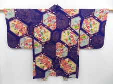 3711T06z400 Antique Japanese Kimono Silk HAORI Flowers Purple