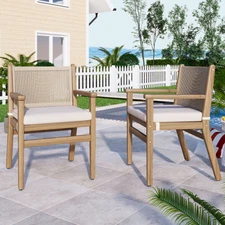 Outdoor Dining Chairs Set of 2, Acacia Wood Patio Armchair with Rope Design Back