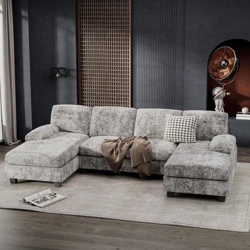 Furniwell Convertible Sectional Sofa Couch 4 Seat Sofa Set Fabric Grey