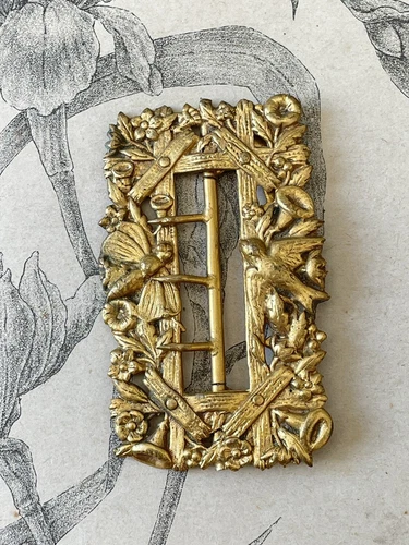 Antique Gold Metal Bird and Dragonfly Decor Belt Buckle - 1900