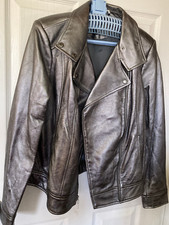 100% Leather H by Halston Silver Chrome Metallic Gray Motorcycle Jacket Size 12
