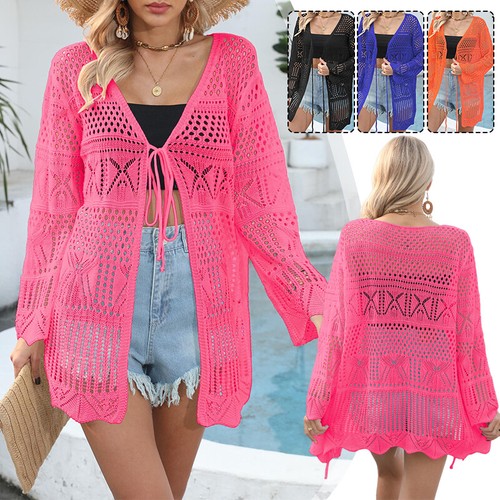 Womens Beach Cover Up Cardigan Tie Up Long Sleeved Sunscreen Bikini Outerwear