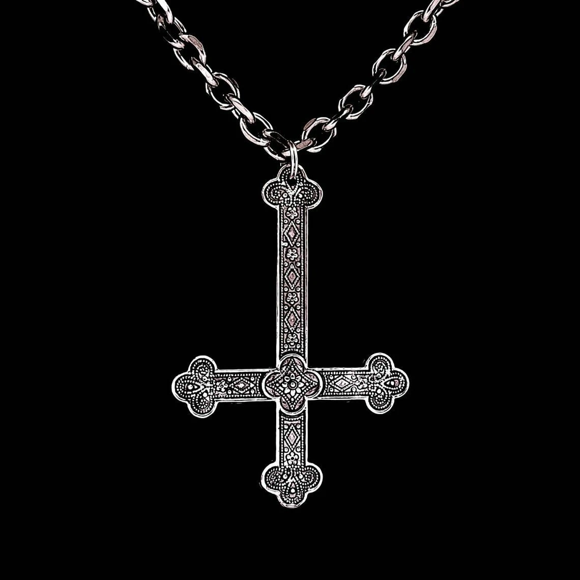 Gothic Upside Down Cross Satanic Jewelry Occult Jewelry Ornate Cross Necklace