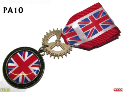 Steampunk Pindrape Medaille Abzeichen Brosche rot Union Jack Flagge Großbritannien #PA10