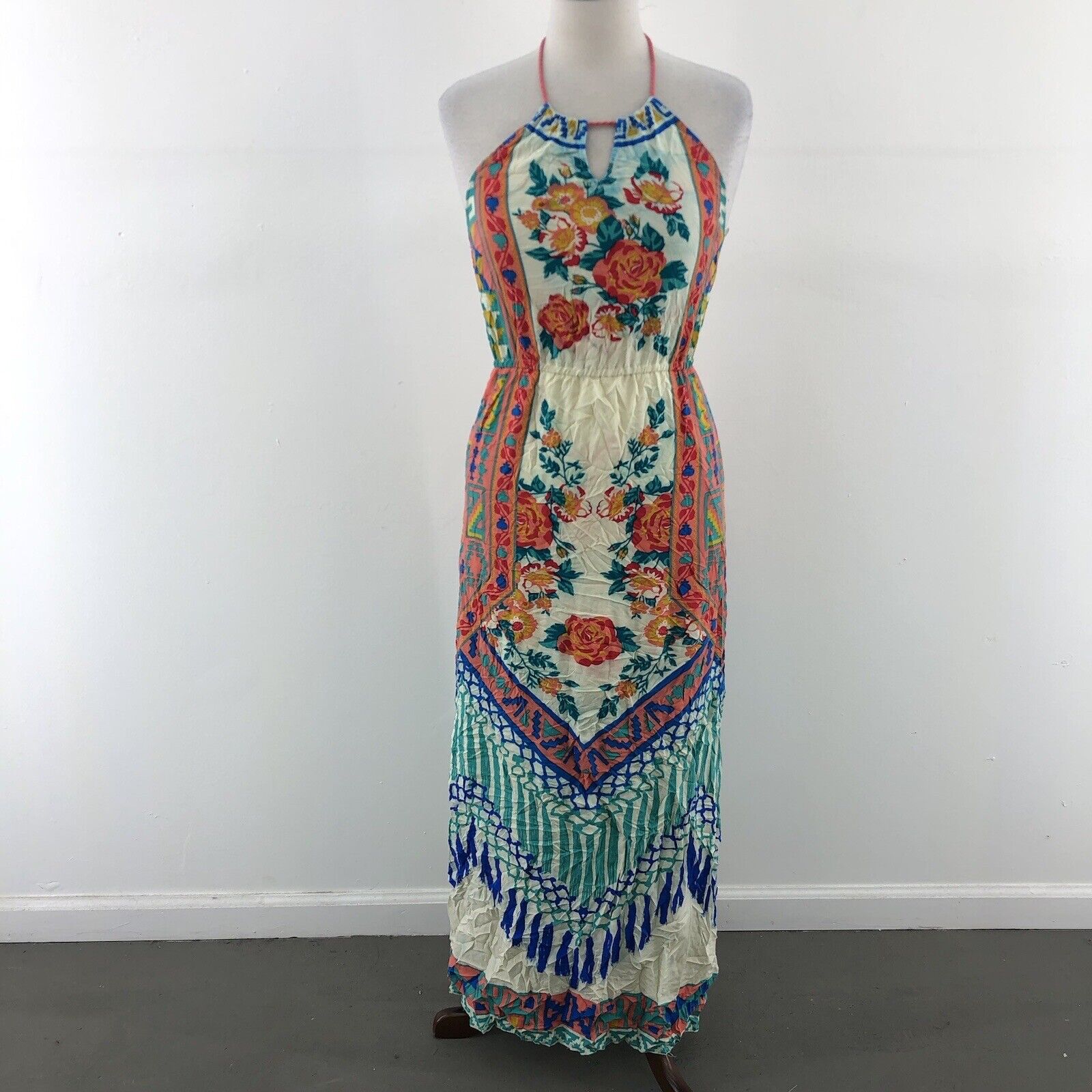 Flying Tomato White Red Blue  Floral Halter Maxi Summer Dress Women Size S