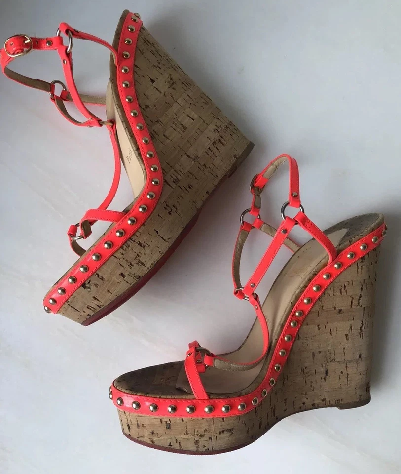Christian Louboutin пробковый клин патент ремень 38,5 неоновый оранжевый - Изображение 2 из 4