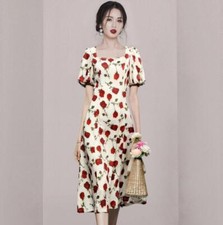Womens 2024 Chic French Style Square Neck Floral Puff Sleeves A Line Dress 0293 