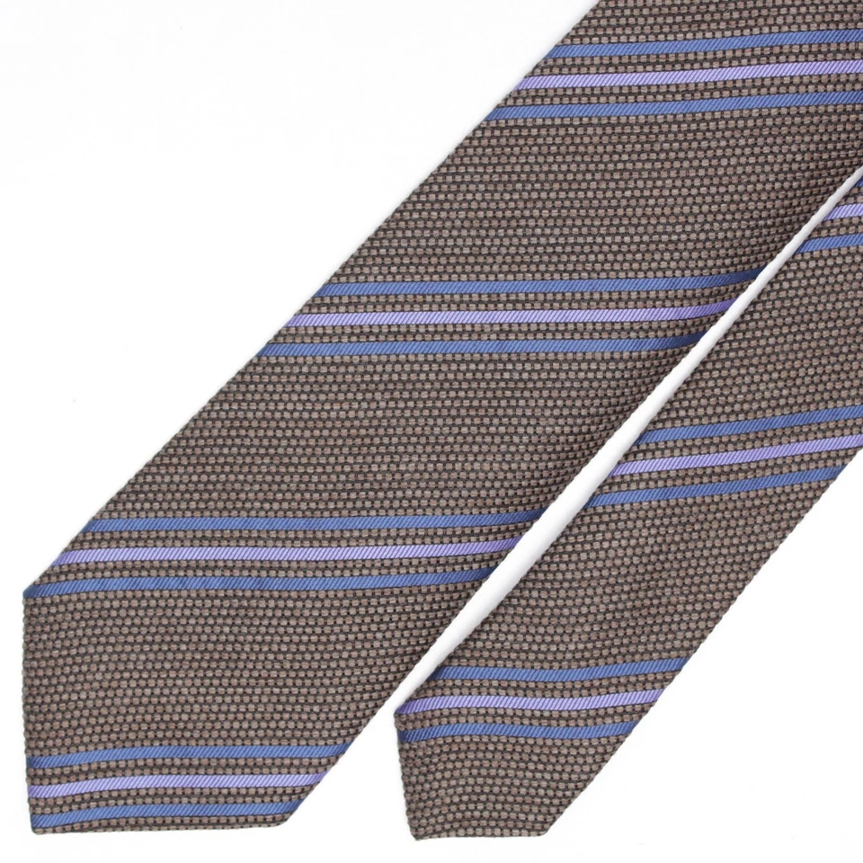 Josiah France Mens Wool Silk Necktie Brown Blue Triple Tonal Stripe Tie Italy - Image 2 of 4