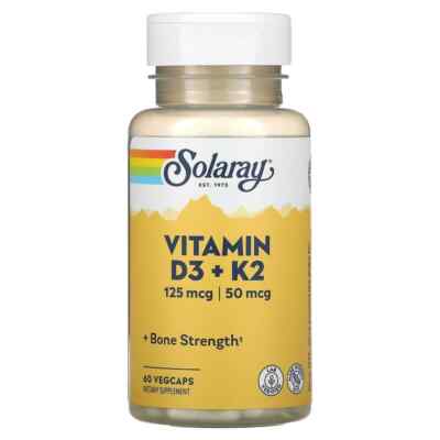 Solaray, Vitamin D3 + K2, Soy-Free, 125 mcg (5000 IU), 60 VegCaps