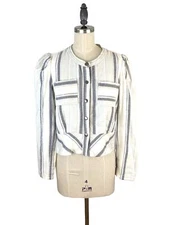 McGuire Womens Jacket Size XS Cream w/ Blue Stripes Puff Shoulder Snap Buttons