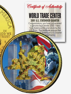 WORLD TRADE CENTER 9/11 ''STATUE OF LIBERTY'' HOLOGRAM 24KT GOLD NEW YORK QUARTER!