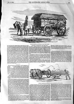 Original alter antiker Druck 1854 elektrischer Telegraph Kriegswagen Pflug Hospit 19.