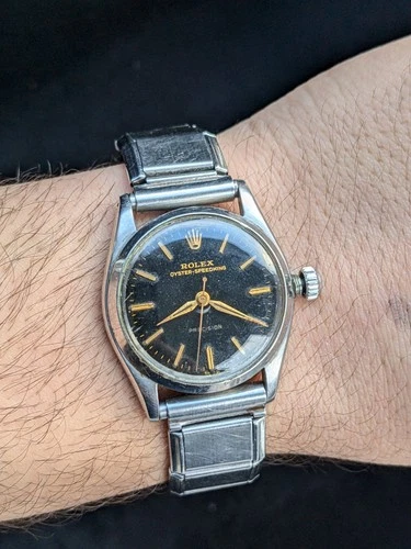 Rolex Oyster SpeedKing 1958 Rare Black Gloss Gilt Dial Vintage Watch (AS/IS)