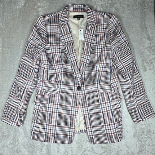 NWT Talbots Long Plaid White Brown Single Button Closure Academia Blazer Size 10 - Picture 1 of 16