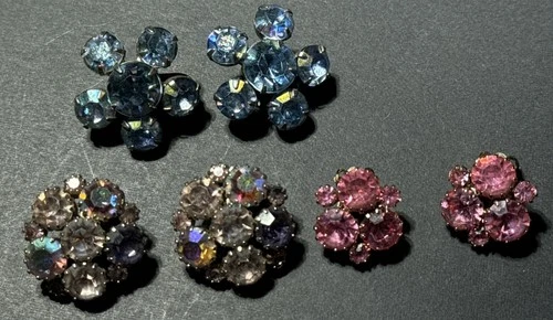 Vintage Lot of Three Earrings Rhinestone Clip On Costume Jewelry Glass Sparkle