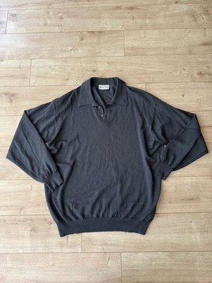 Vintage Gran Sasso Italy Charcoal Knit Polo Sweater Quiet Luxury Minimalist