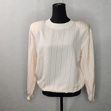 Vintage 80s Liz Claiborne Pastel Striped Blouse Long Sleeve Retro Top S