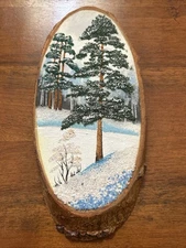 Vtg Painting Trees Snow Wood Slab 3D Russian Mixed Media 12 x 5.5 One of a Kind