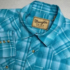 Wrangler Retro Western Shirt Mens L Turquoise Plaid Pearl Snap Long Sleeve Yoke