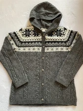 Carroll Reed Women's Wool Hooded Sweater S Gray Nordic Fair Isle Button Down New