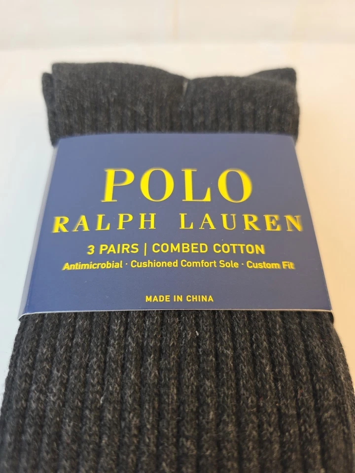 POLO RALPH LAUREN Mens Classic Crew Socks Black/Gray Combed Cotton 3 Pair NEW  - Изображение 2 из 4