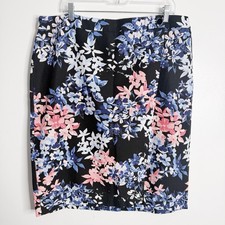 Talbots Black Blue Floral Pencil Skirt Feminine Romantic Spring Workwear Size 18
