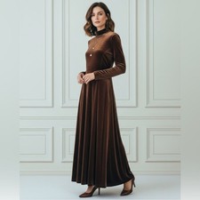 Virginia Slims Wear Vintage Brown Velour Maxi Dress Long Sleeve Mock Neck M