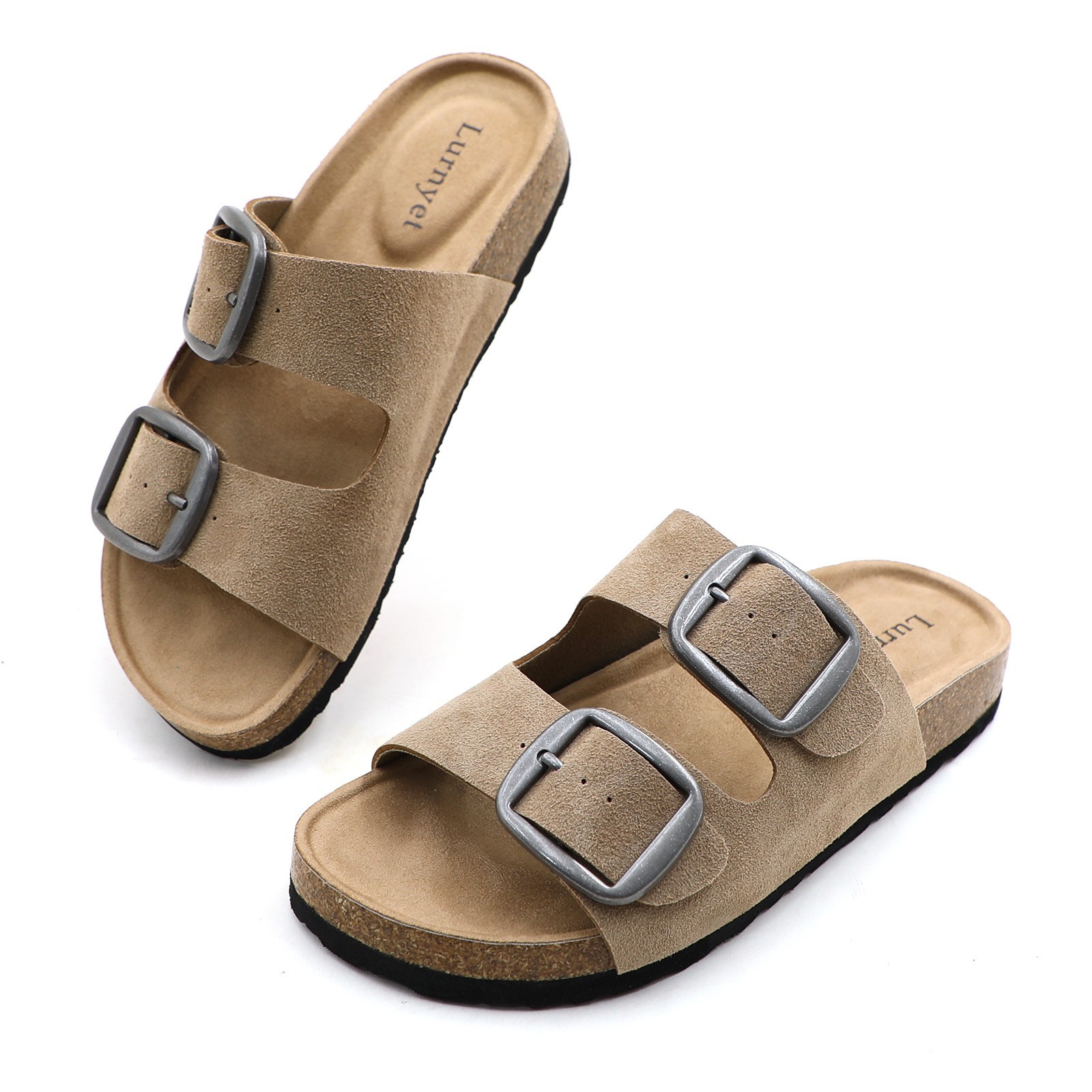 Lurnyet Women's Faux Suede Cork Buckle Cork Footbed Sandals