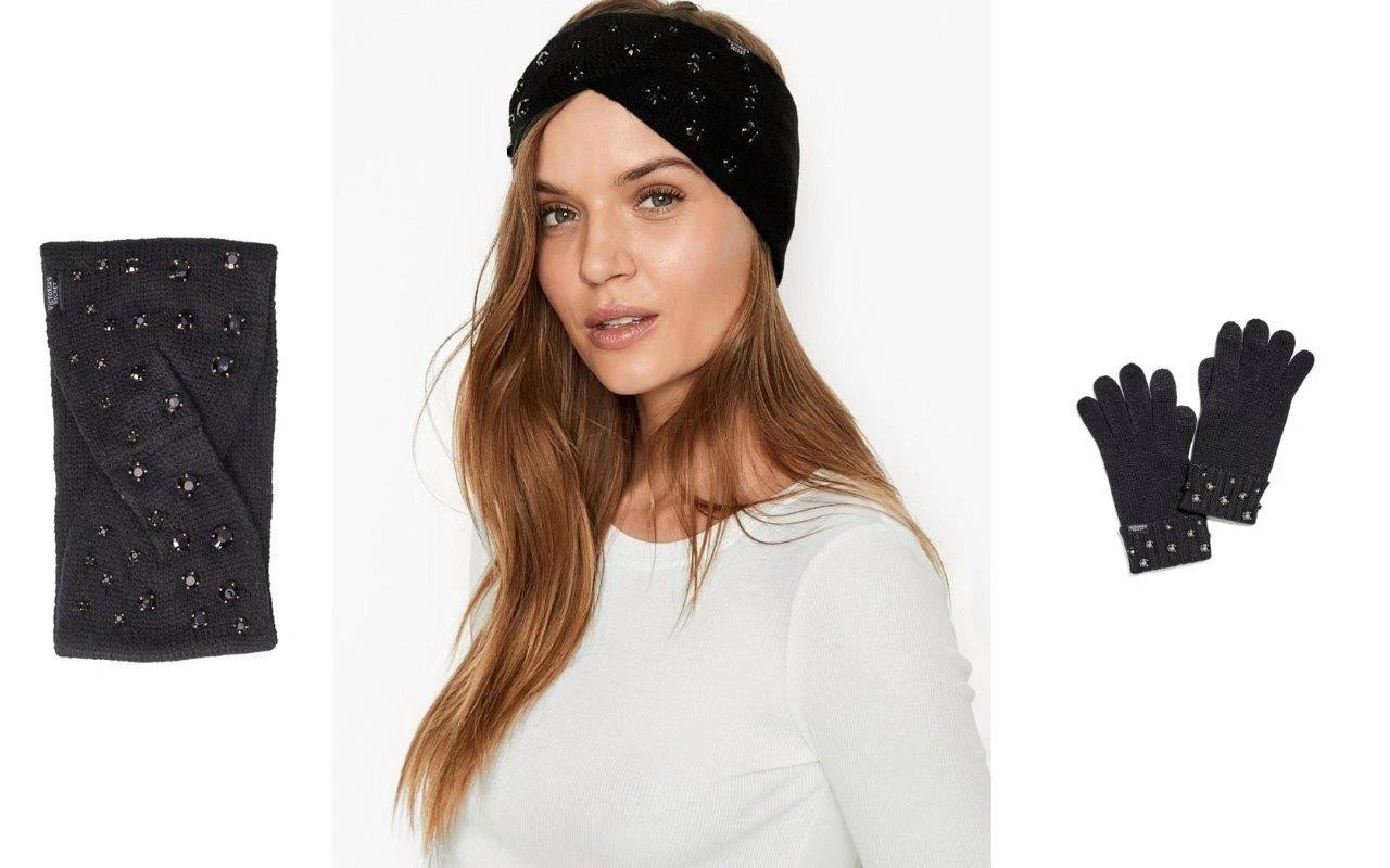 Victoria's Secret Gloves, Ear Warmer , Headband Luxe Gem Cap Hat Set. BLACK