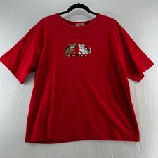 Top Stitch by Morning Sun Vintage T-shirt XL Crewneck Cats Hearts Embroidery Red