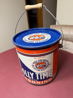Vintage Jolly Time Brand Seasoning 25 LBS. Can Copyright 1938 With Wooden Handle