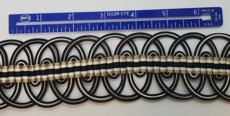 Borde Gimp Loop negro y tostado 1 yarda vintage borde rayón/algodón 2" w, cortinas, upho Foto 2 de 3
