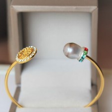 Perle de Tahiti Grise de 12,30 x 10,50 mm - Bracelet Acier Inoxydable Doré