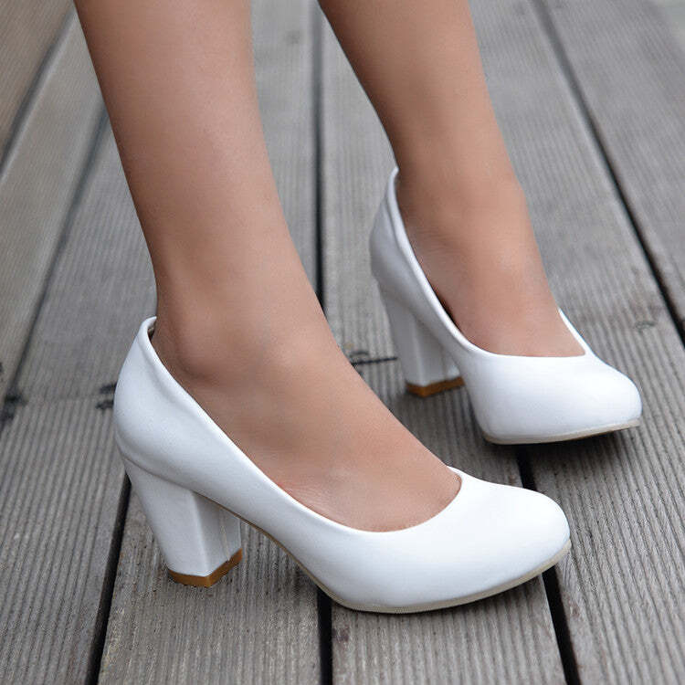 Women's Fashion Round Toe Mid Block Heel Pumps Slip on Dress Court Shoes US5