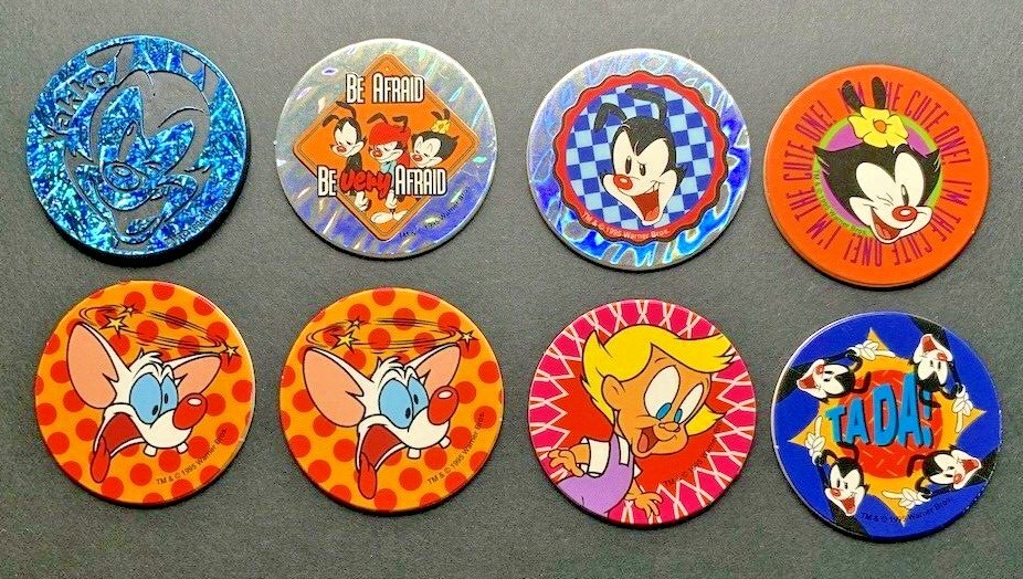1995 Animaniacs POGS Lot - 1 Slammer & 7 POGS - Pinky, Yakko, Dot