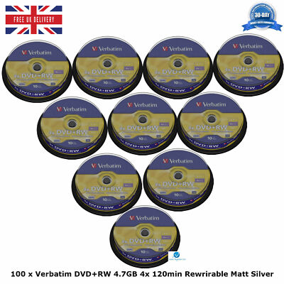 100 x Verbatim DVD+RW 4,7GB 4x 120min wiederwährbar matt silber 10er Pack Spindel Neu