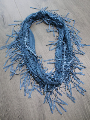 Lightweight Shabby Chic Boho Accent All-Lace Blue Scarf Dangle Fringe 14x64''