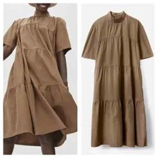 Everlane The Tiered Midi Dress Cotton Mock Neck Short Sleeve Tan Women's XS