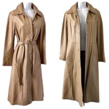 Vintage Leather Trench Coat Camel Tan Women Small (brand: Kirk’s Suede Life) 70s