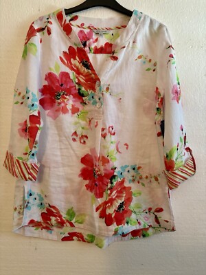 John Mark Woven Linen Floral Split V-Neck Button Front Curved Hem Tunic S NWT