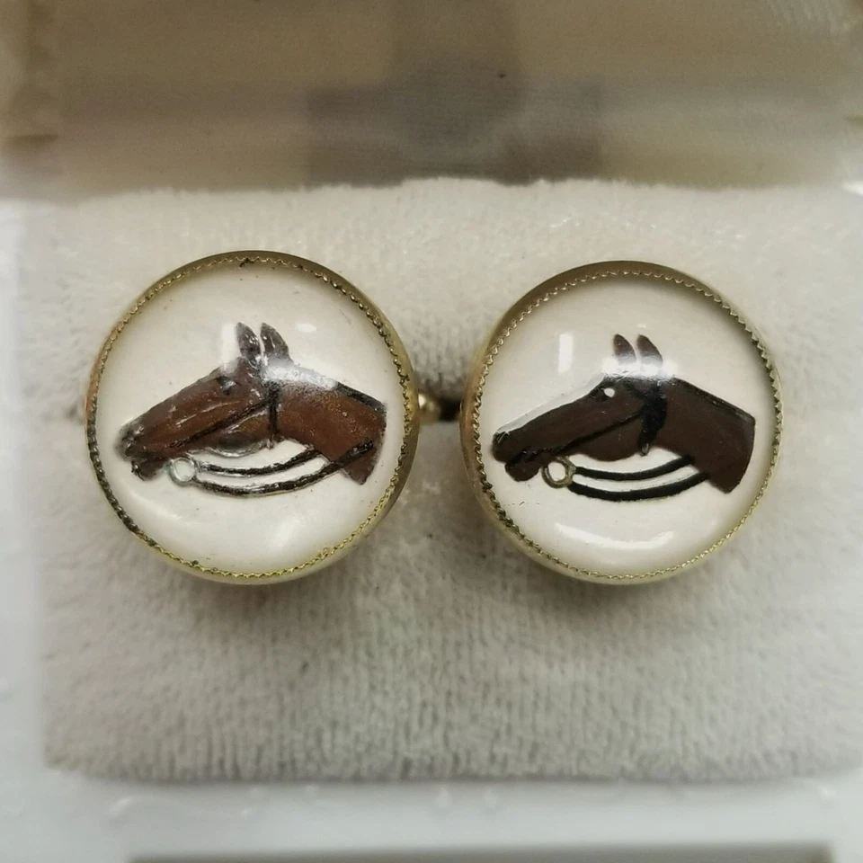Gemelos de vidrio pintado al revés cabeza de caballo vintage tono dorado bala ecuestre Foto 2 de 4