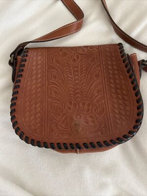 Patricia Nash Leather Saddle Bag Floral Florence Brown Leather Tooled Crossbody