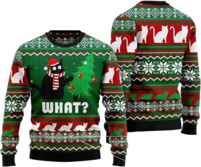 Black Cat Ugly Christmas Sweater Holiday Vacation Sweater, For Cat Lover