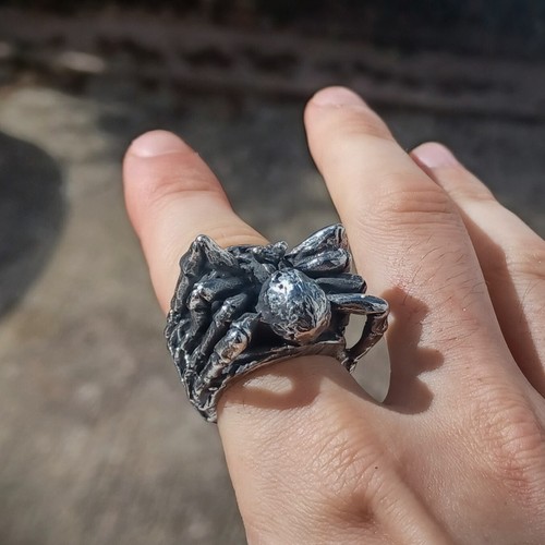 Anello Ragno Gotico Acciaio Inox Uomo Tarantola Horror Biker Anello Argento Pesante - Foto 2 di 9