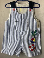 Vtg 80s/90s Seersucker Baby Togs Striped Nautical Shortall Romper 2T