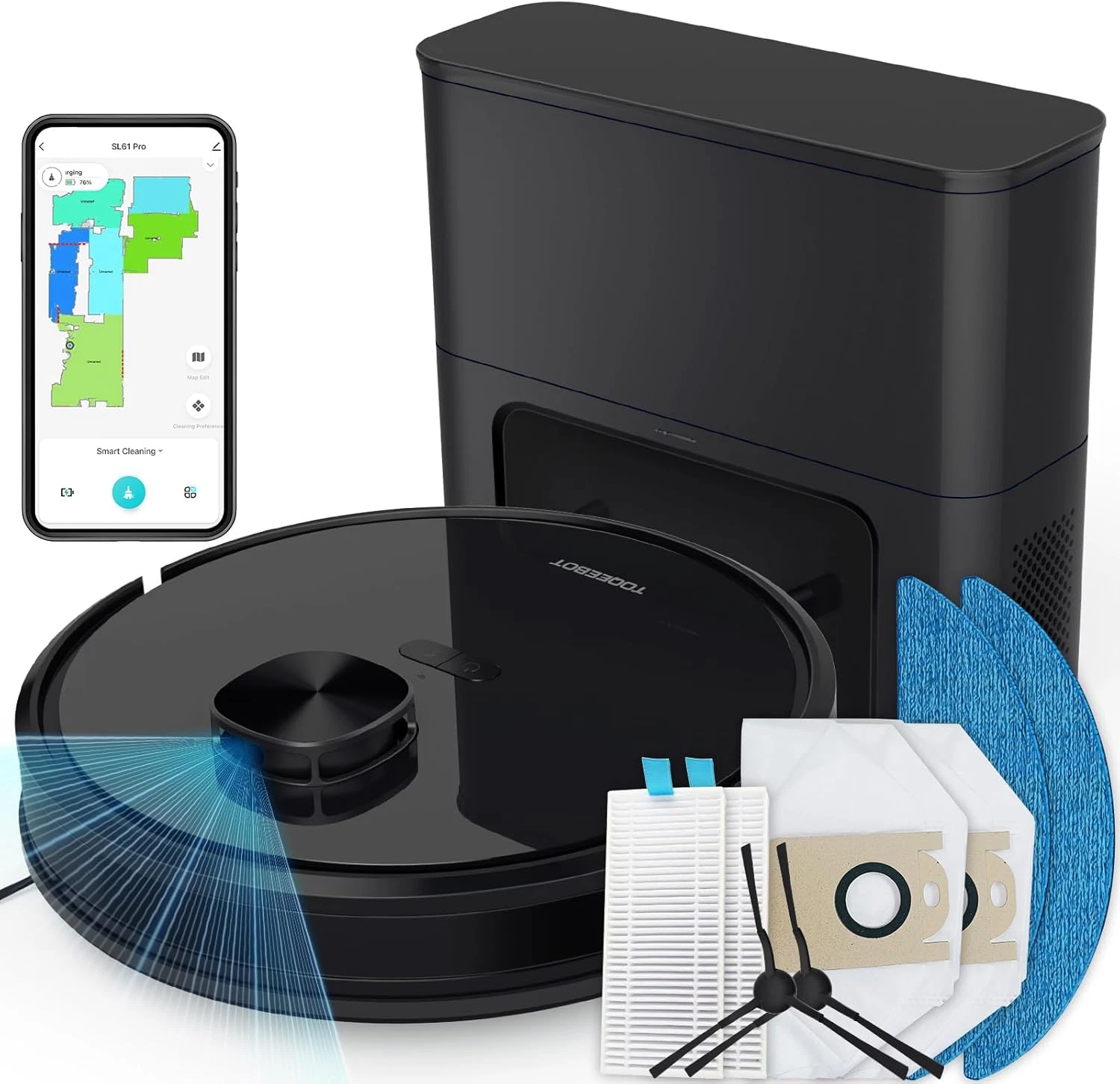 Self-Emptying Robot Vacuum & Mop, WiFi/App Control, Lidar, Pet Hair, 70 Days Use
