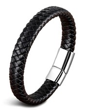 Leather Bracelet for Men, Braided Mens Cuff Bracelets with Stainless Steel Cl...